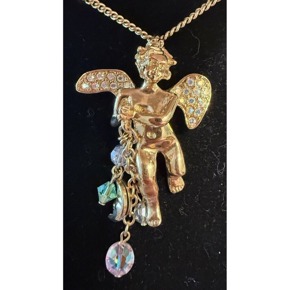 KIRKS FOLLY Cherub AB Rhinestones Wings Pendant Moon & Star Dangles 32" Necklace